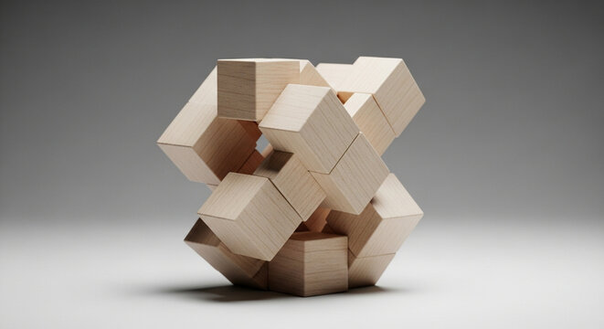 Abstract wooden block sculpture on a grey background