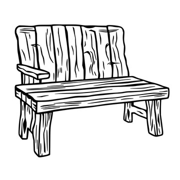 Rustic wooden bench set with simple line illustration featuring handcrafted outdoor furniture, clean outline, and monochrome vector