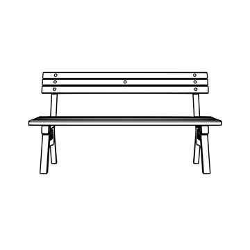 Minimalist wooden park bench line art with clean black outline featuring evenly spaced slats and sturdy legs with monochrome vector style