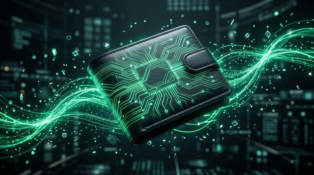 Wallet with glowing green circuit patterns, futuristic AI fintech concept for sustainable finance, digital payments and smart banking innovation.