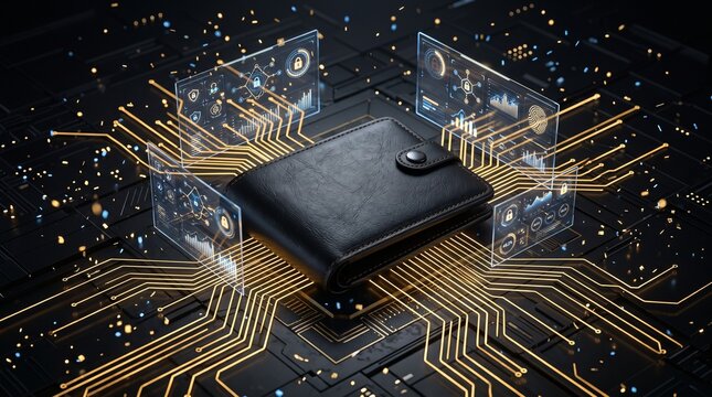 Wallet with glowing golden circuit network, futuristic AI fintech concept for smart payments, secure banking and digital finance.