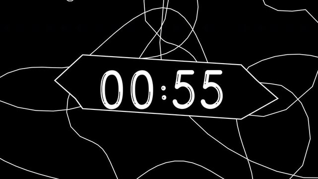 1 minutes countdown timer animation on scrible black background, 4k