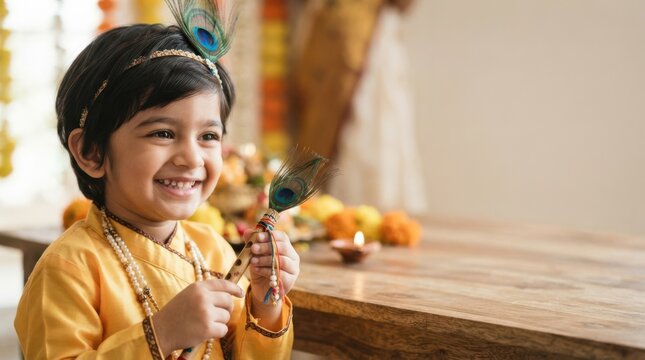 Happy toddler boy dressed as Lord Krishna holding a flute with a peacock feather celebrating Janmashtami festival in a traditional Indian home setting