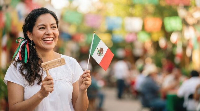 Middle-aged Hispanic woman smiling and holding a Mexican flag and wooden noisemaker during a festive cultural celebration outdoors