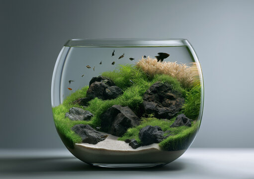 a clean cut, cubical big glass aquarium filled with clear water, positioned in the center