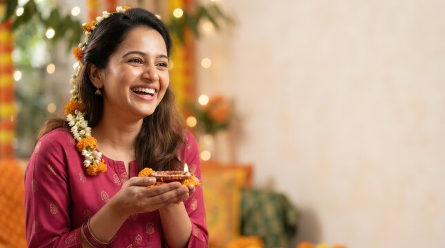 Young Indian woman holding a lit diya oil lamp celebrating Diwali festival in traditional attire with floral gajra hair garland