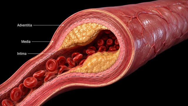 Medical illustration of artery atherosclerosis with plaque buildup and restricted blood flow atherosclerosis cholesterol
