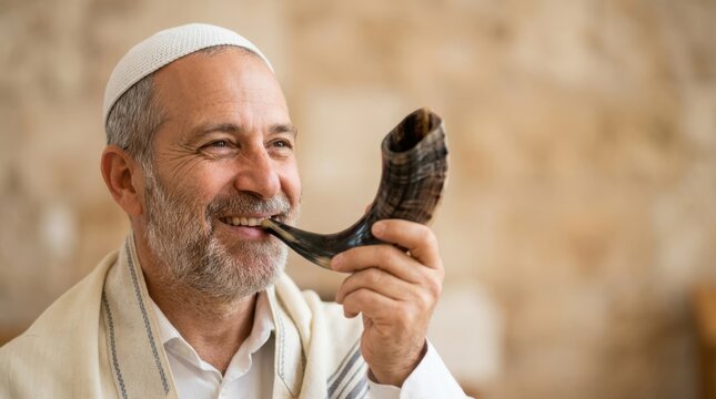 Middle-aged Jewish man blowing the shofar horn during Rosh Hashanah holiday celebration, wearing tallit shawl and kippah, symbolizing tradition, faith, and spirituality
