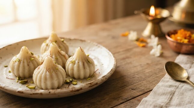 Traditional sweet modak dumplings garnished with pistachios and saffron on a rustic plate for Ganesh Chaturthi celebration