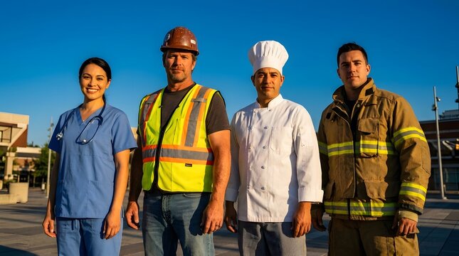 Diverse Group of Professionals Standing Together Under a Clear Blue Sky During Daytime