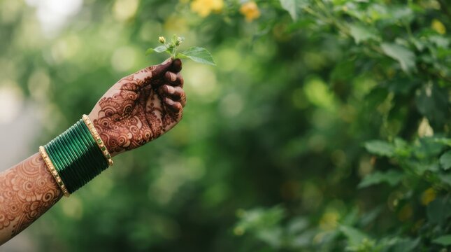 Close-up of an Indian woman hand adorned with intricate henna and green glass bangles holding a small plant branch in nature symbolizing traditional celebration and beauty