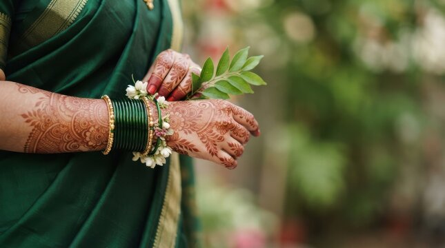 Indian bride wearing traditional green saree, intricate henna tattoos, bangles, and floral jewelry holding fresh leaves during wedding rituals