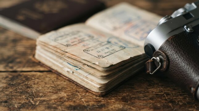 Vintage passport with immigration stamps and old camera on a wooden table representing travel exploration and journey memories for tourism concepts