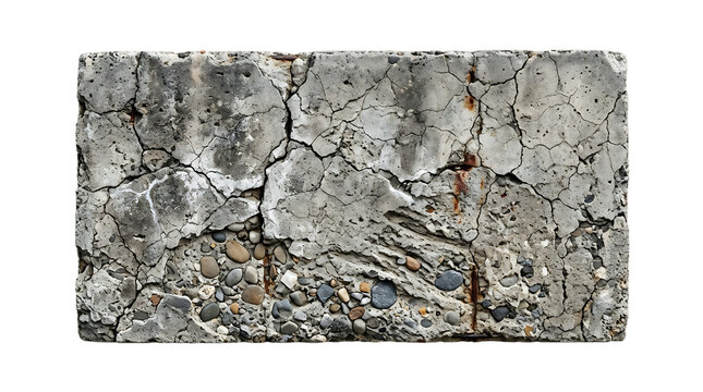 Weathered concrete block with cracks and exposed aggregate isolated on transparent background