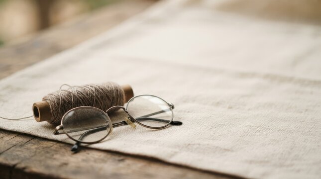 Vintage round eyeglasses and spool of thread on rustic linen fabric for crafting and tailor concept