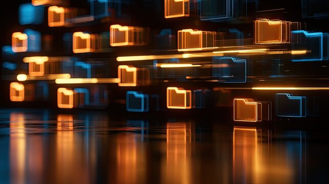 Glowing digital folders in organized rows, reflecting light