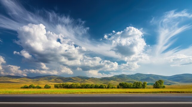 Vast Countryside Landscape with Road and Rolling Hills Under Blue Sky