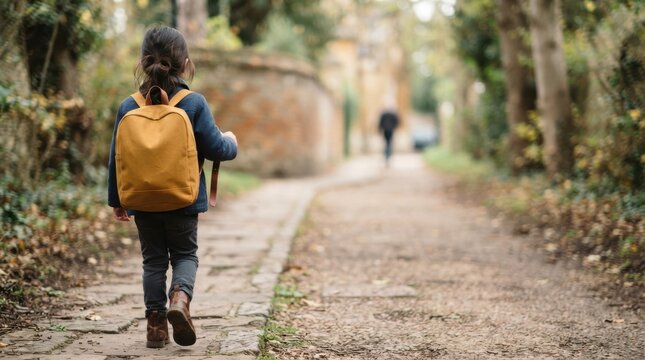 Young Caucasian schoolgirl with a yellow backpack walking alone on a path to school, representing childhood, education, independence, and the back-to-school season.