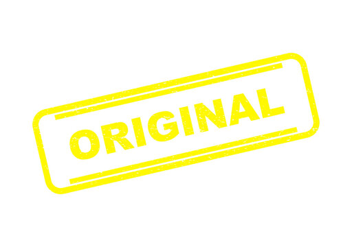 Yellow original rubber stamp impression with a rectangular border and texture isolated on transparent background