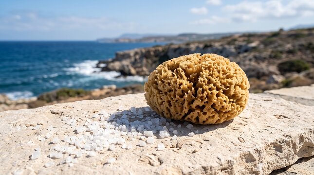 Natural sea sponge resting on limestone with coastal ocean background