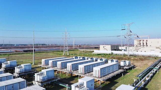 Substation with energy storage container arrays and transmission infrastructure under clear blue sky
