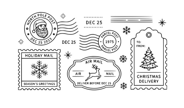 Christmas mail vector set, line art Santa Claus postmark, reindeer airmail stamp, snowflake holiday mail, and Christmas tree delivery tag isolated on white background