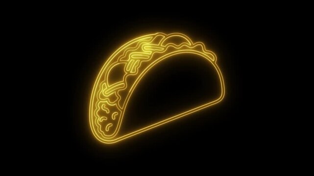 Glowing yellow neon taco icon animated loop on dark black background fast food restaurant menu sign