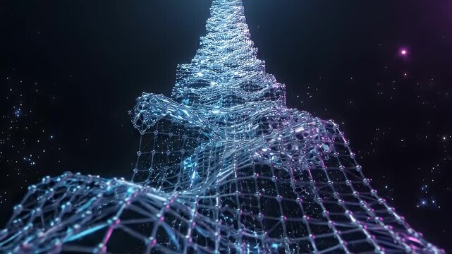 Futuristic wireframe mountain against starry black background