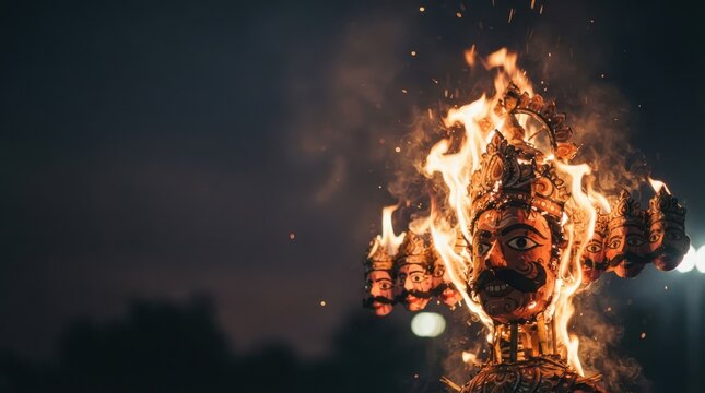 Burning Effigy Of Ten Headed Demon King Ravana During Dussehra Festival Celebration At Night