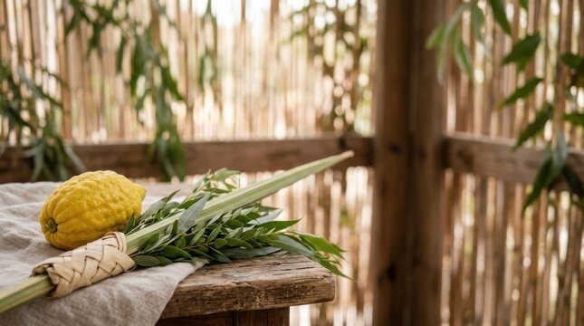 Traditional Jewish Sukkot symbols Four Species lulav etrog myrtle willow resting on rustic wooden table inside sukkah holiday ritual faith tradition spiritual
