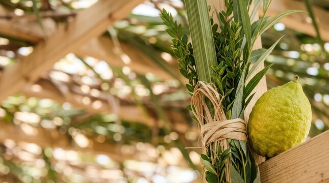 Four Species lulav and etrog for Sukkot holiday celebration in a sukkah booth with traditional Jewish ritual items and decorations