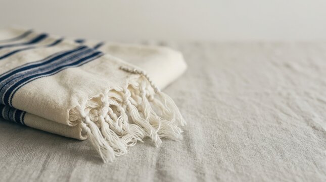 Folded striped Turkish towel with fringe on neutral linen tablecloth representing minimalist home decor and cozy living concepts