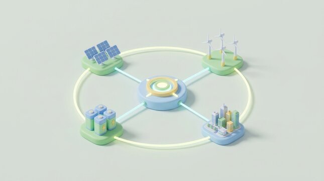 Grid Connection Bottlenecks and Renewable Energy Curtailment, A conceptual model showing interconnected renewable energy sources and a city in a circular network.