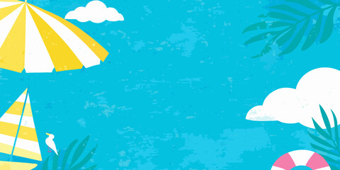 Beach scene illustration with striped parasols palm leaves and clouds against a turquoise colored background summer parasol umbrella leaf tropical cloud white teal © Dibyendu