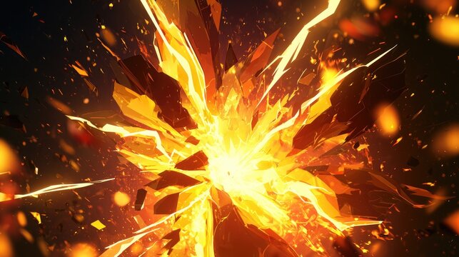 Fiery explosion of sharp, crystalline shards against dark background