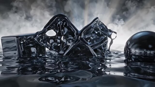 Liquid metal forms around cubes and sphere in a watery environment