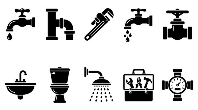 Plumbing icons set. Professional repair tools and bathroom fixtures vector collection.