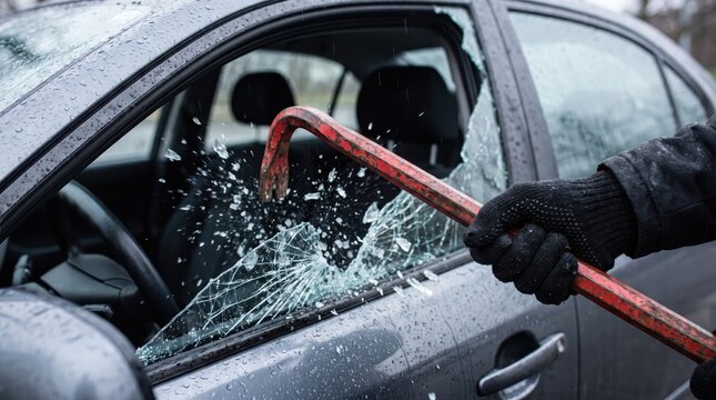 High action shot showing glass shattering as a criminal smashes an automobile window with a crowbar.