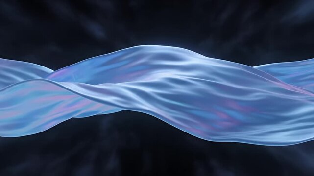 Flowing blue iridescent fabric in dark space.