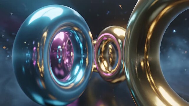 Metallic torus shapes with iridescent interiors and bokeh lights