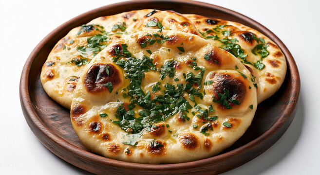 three warm, oiled flatbreads garnished with dark green herbs