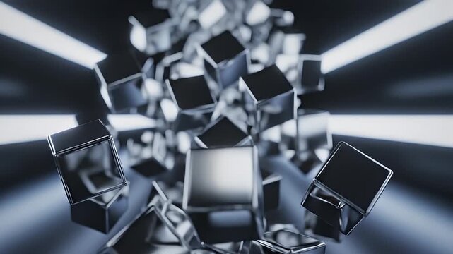 Reflective cubes suspended in a dark illuminated environment