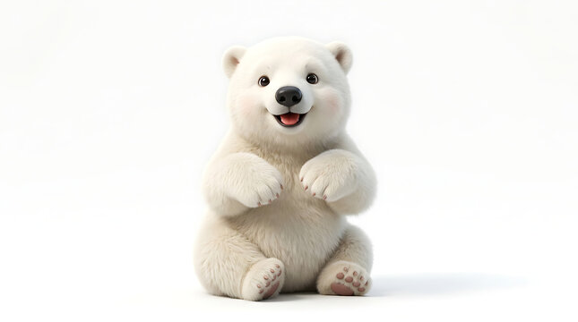 A cute, fluffy baby polar bear sitting upright with its paws raised in a playful gesture against a white background.