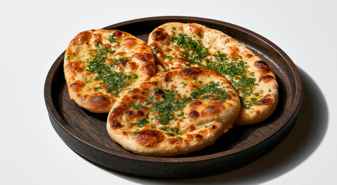 three warm, oiled flatbreads garnished with dark green herbs