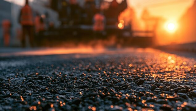 Asphalt paving at sunset, glowing with warm light and steam