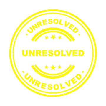 Yellow round rubber stamp seal with the word unresolved text in the center isolated on transparent background