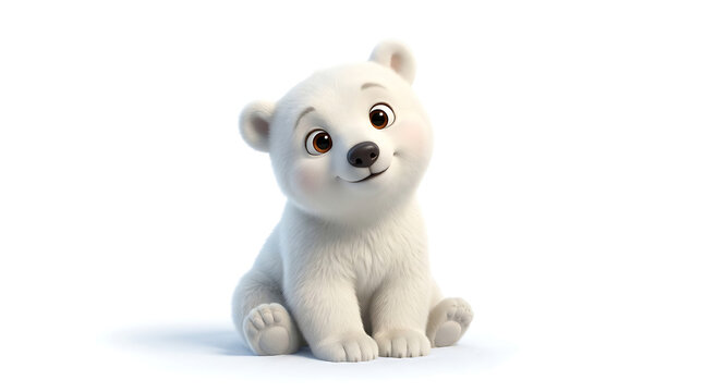 A cute, fluffy baby polar bear cub sitting and looking forward with a sweet expression.