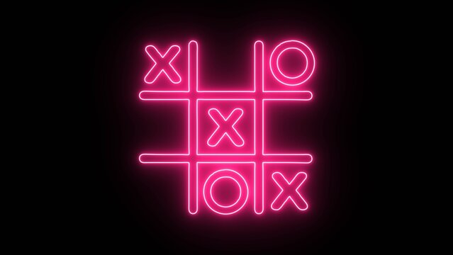 Glowing neon Tic tac toe game icon isolated on black background. Tic tac toe game icon animation. XOX game, educational game animation, illustration