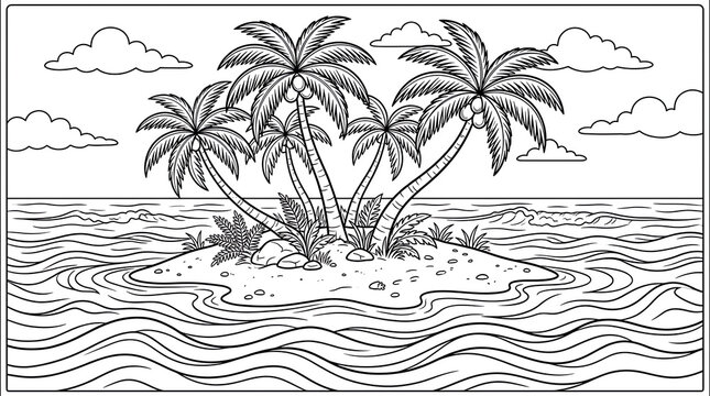 Tropical Island with Palm Trees in the Ocean Line Art Illustration