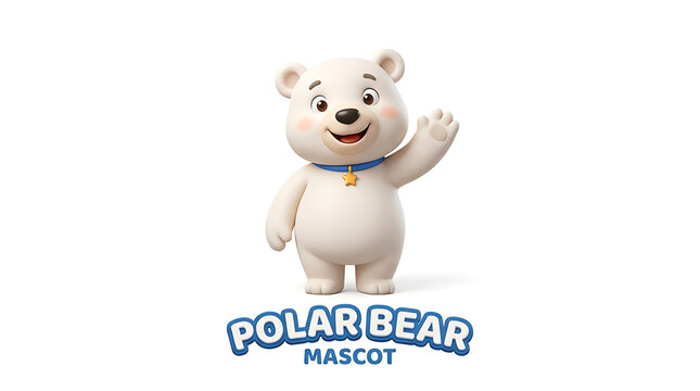 A cute, cartoonish polar bear mascot waving with a friendly smile and wearing a blue collar with a star pendant.